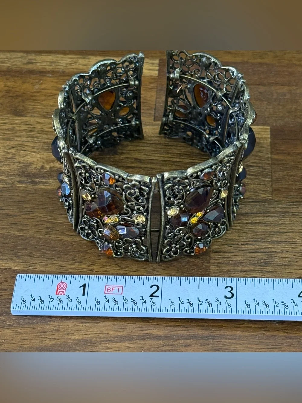 **Antique Brass Boho Filigree Cuff with Amber/Topaz/Citrine crystals Butterfly